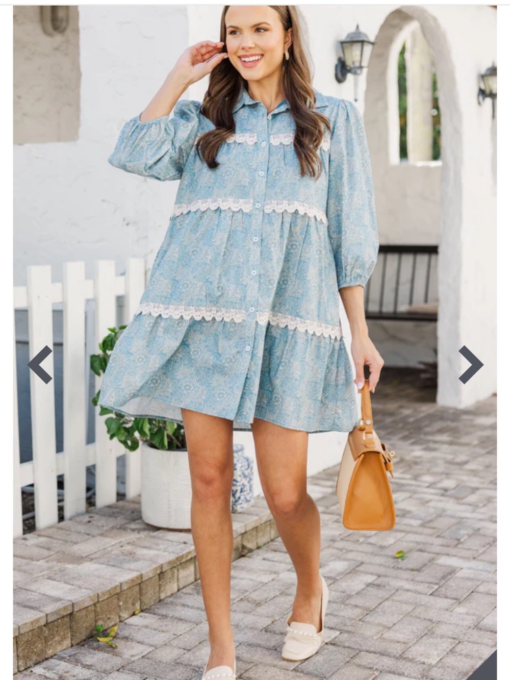 Light Blue Lace-Trim Button Front Long Sleeve Dress